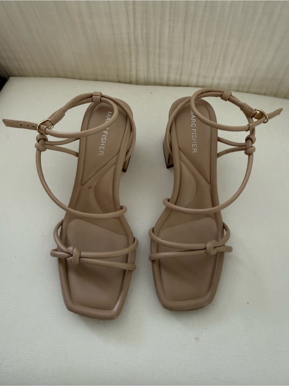 Marc Fisher Beige Knotted Strappy Block Heel Sandals